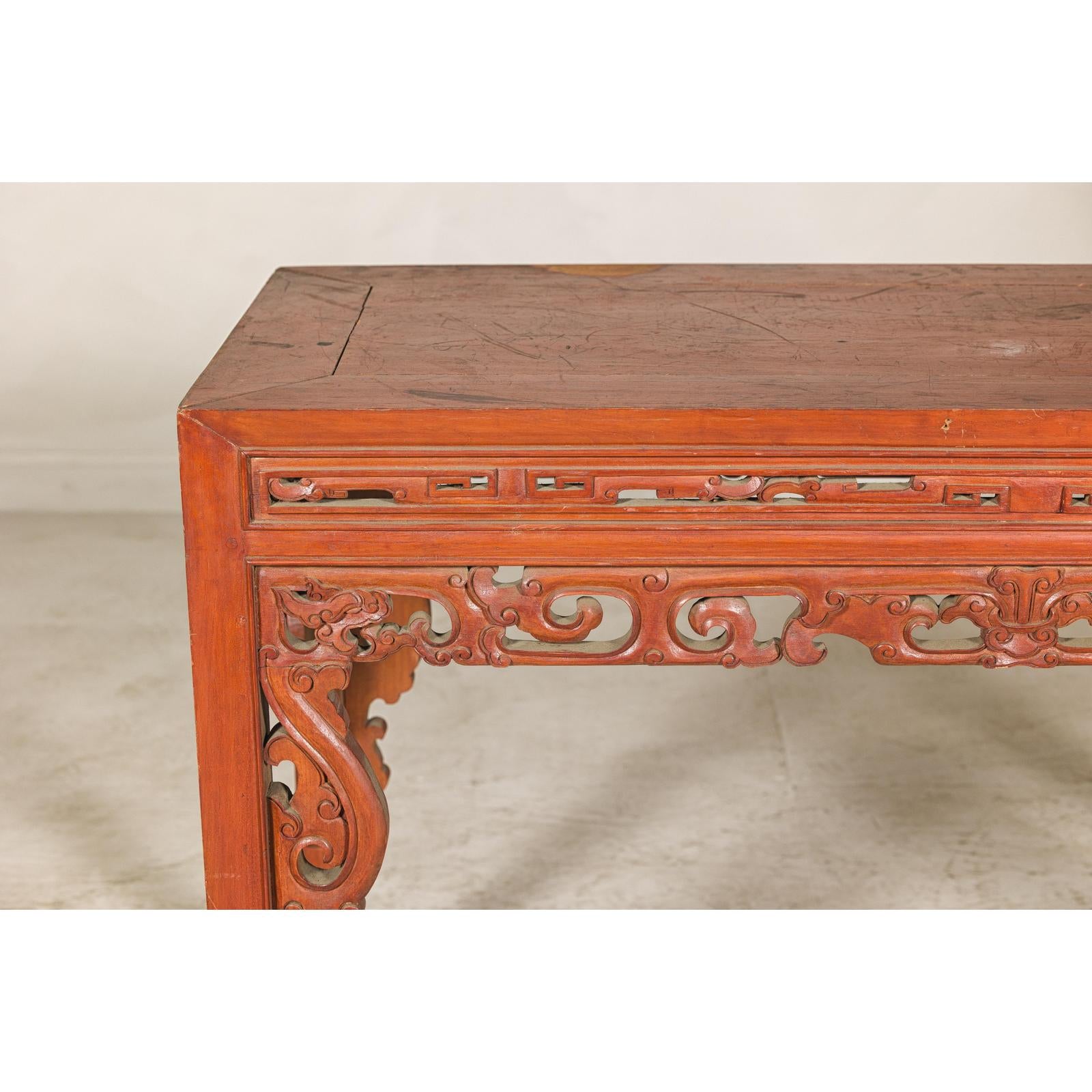 Console Table with Carved Waist in Jumu Wood, Late Qing Cinnabar Finish