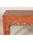 Console Table with Carved Waist in Jumu Wood, Late Qing Cinnabar Finish