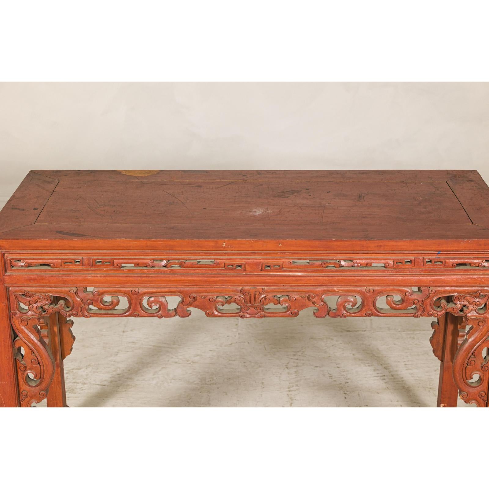 Console Table with Carved Waist in Jumu Wood, Late Qing Cinnabar Finish