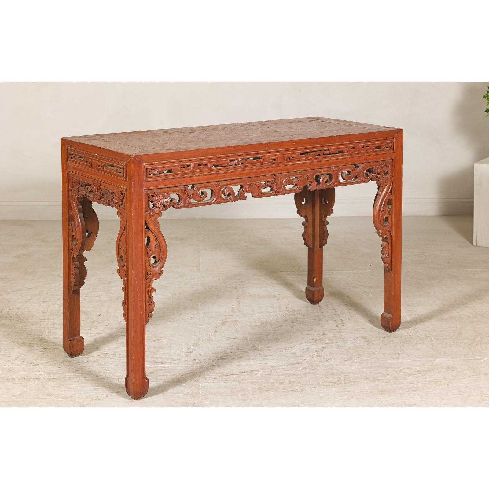 Console Table with Carved Waist in Jumu Wood, Late Qing Cinnabar Finish