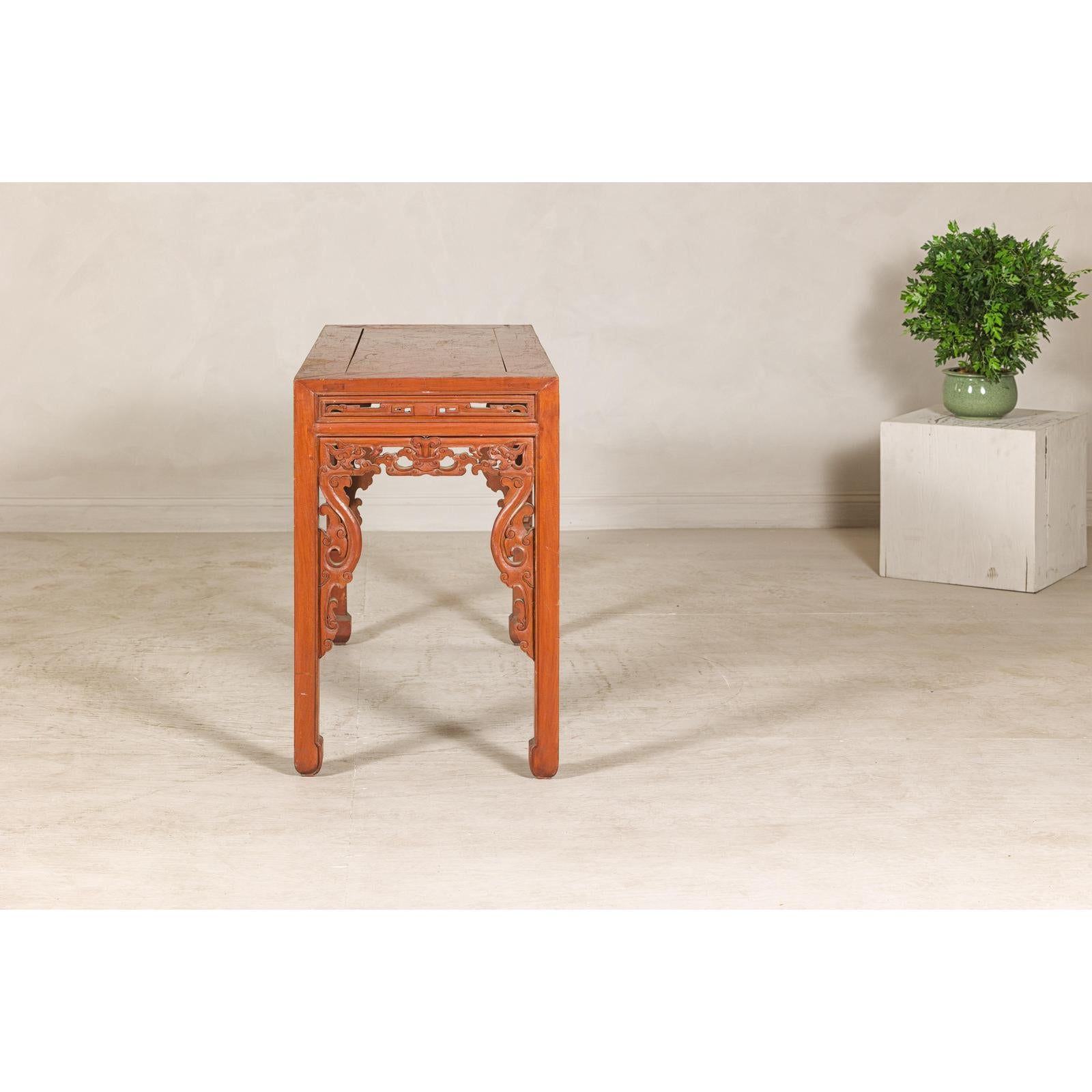 Console Table with Carved Waist in Jumu Wood, Late Qing Cinnabar Finish