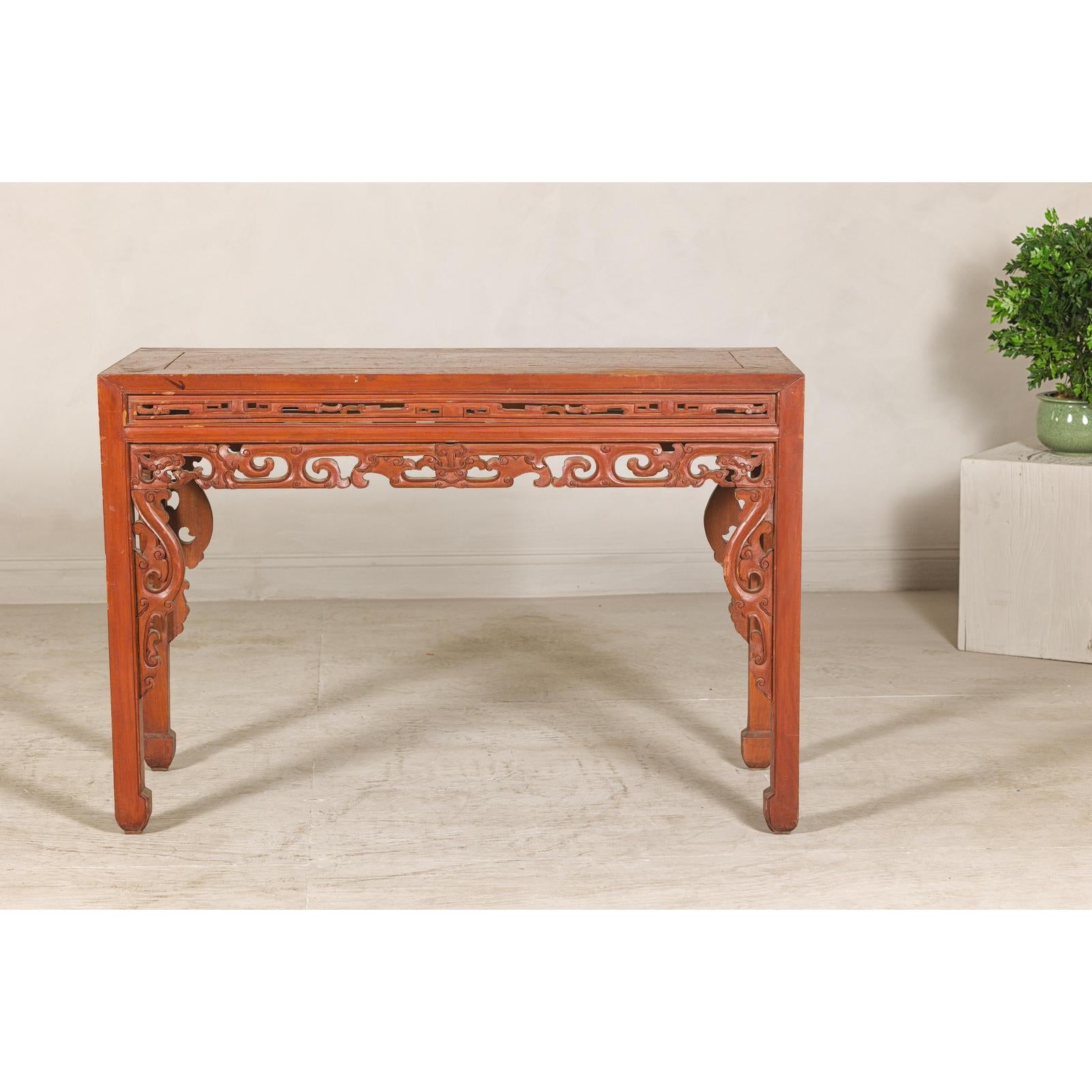 Console Table with Carved Waist in Jumu Wood, Late Qing Cinnabar Finish