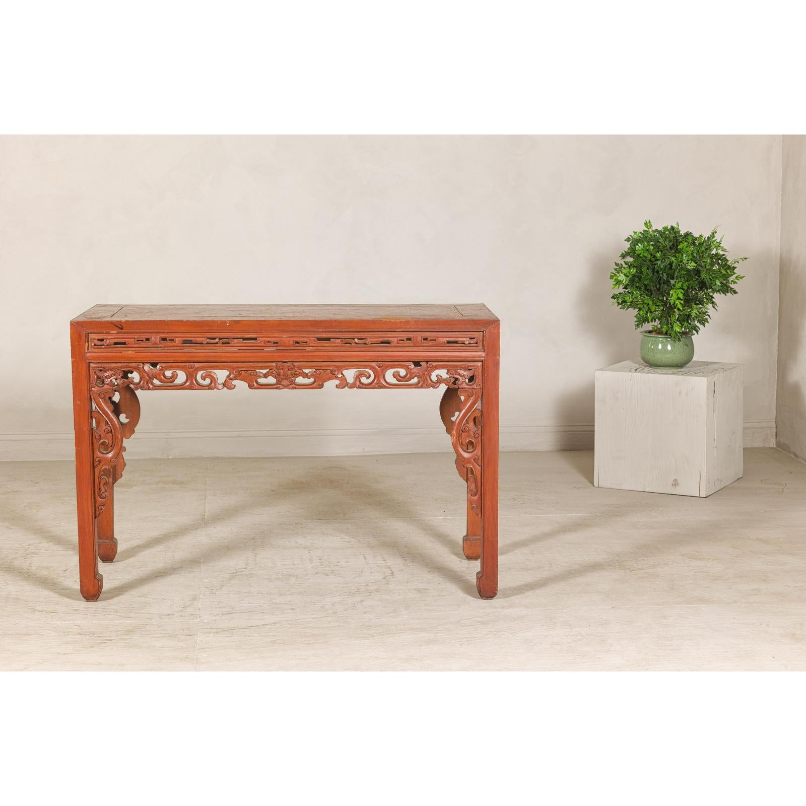 Console Table with Carved Waist in Jumu Wood, Late Qing Cinnabar Finish