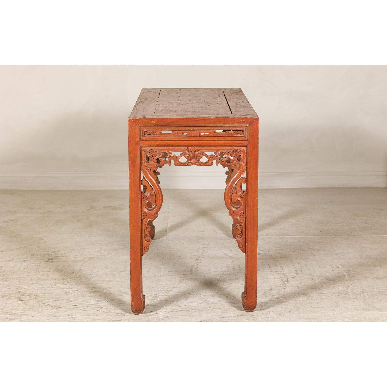 Console Table with Carved Waist in Jumu Wood, Late Qing Cinnabar Finish