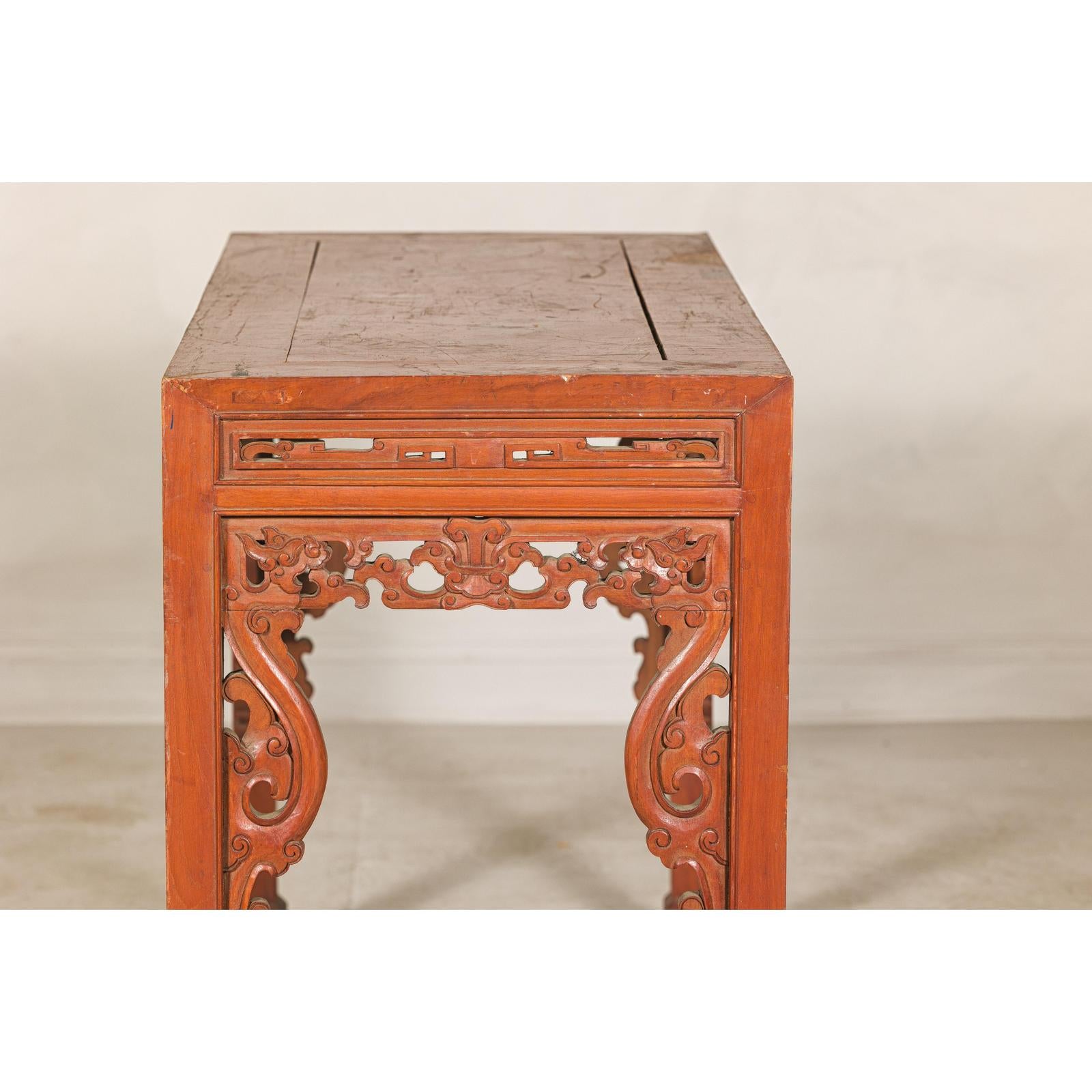 Console Table with Carved Waist in Jumu Wood, Late Qing Cinnabar Finish