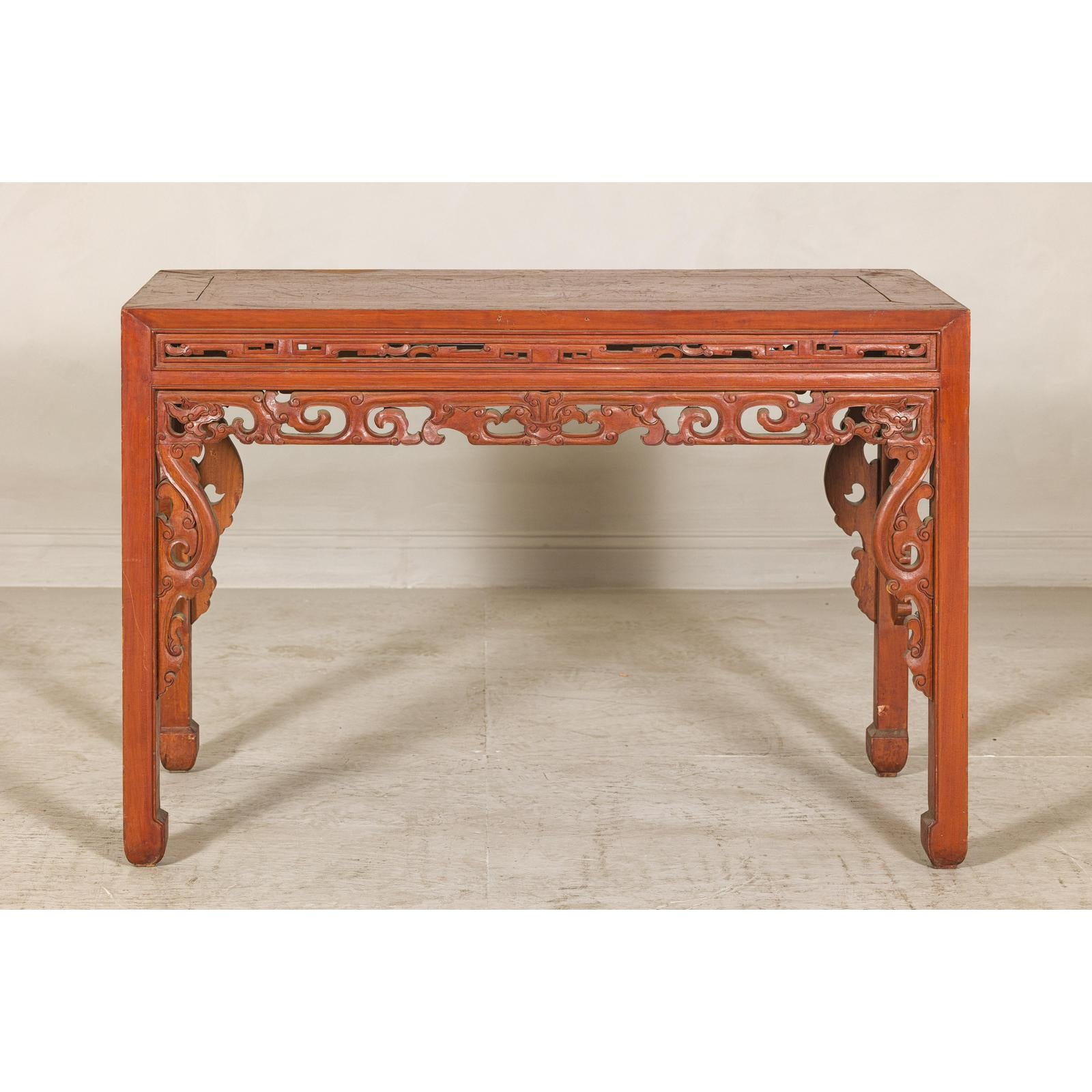 Console Table with Carved Waist in Jumu Wood, Late Qing Cinnabar Finish