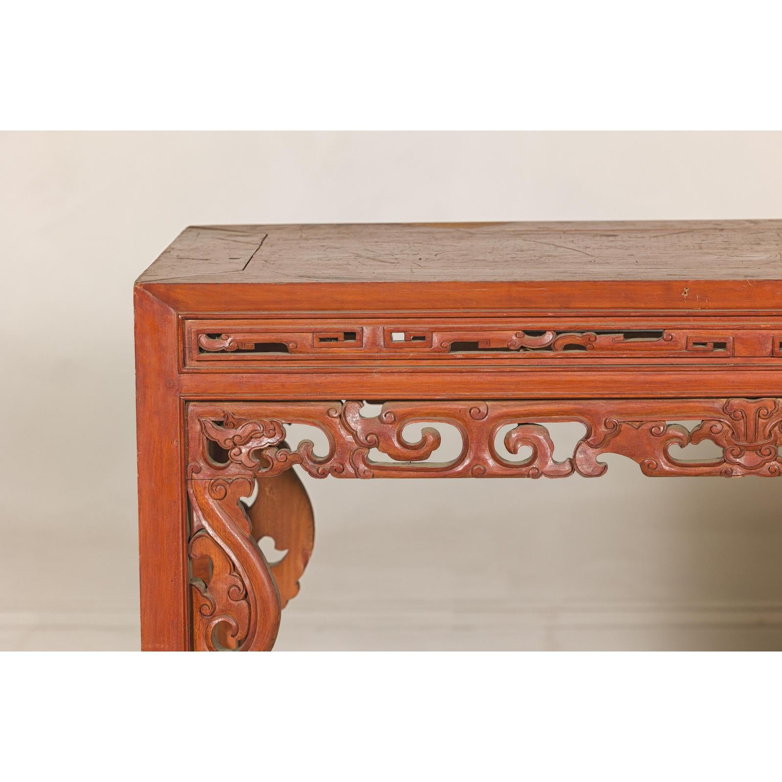 Console Table with Carved Waist in Jumu Wood, Late Qing Cinnabar Finish