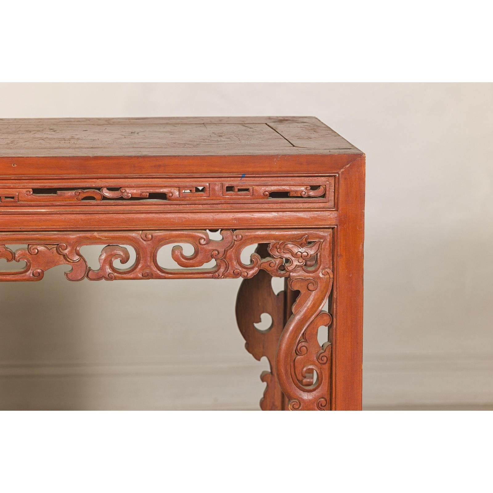 Console Table with Carved Waist in Jumu Wood, Late Qing Cinnabar Finish