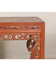 Console Table with Carved Waist in Jumu Wood, Late Qing Cinnabar Finish
