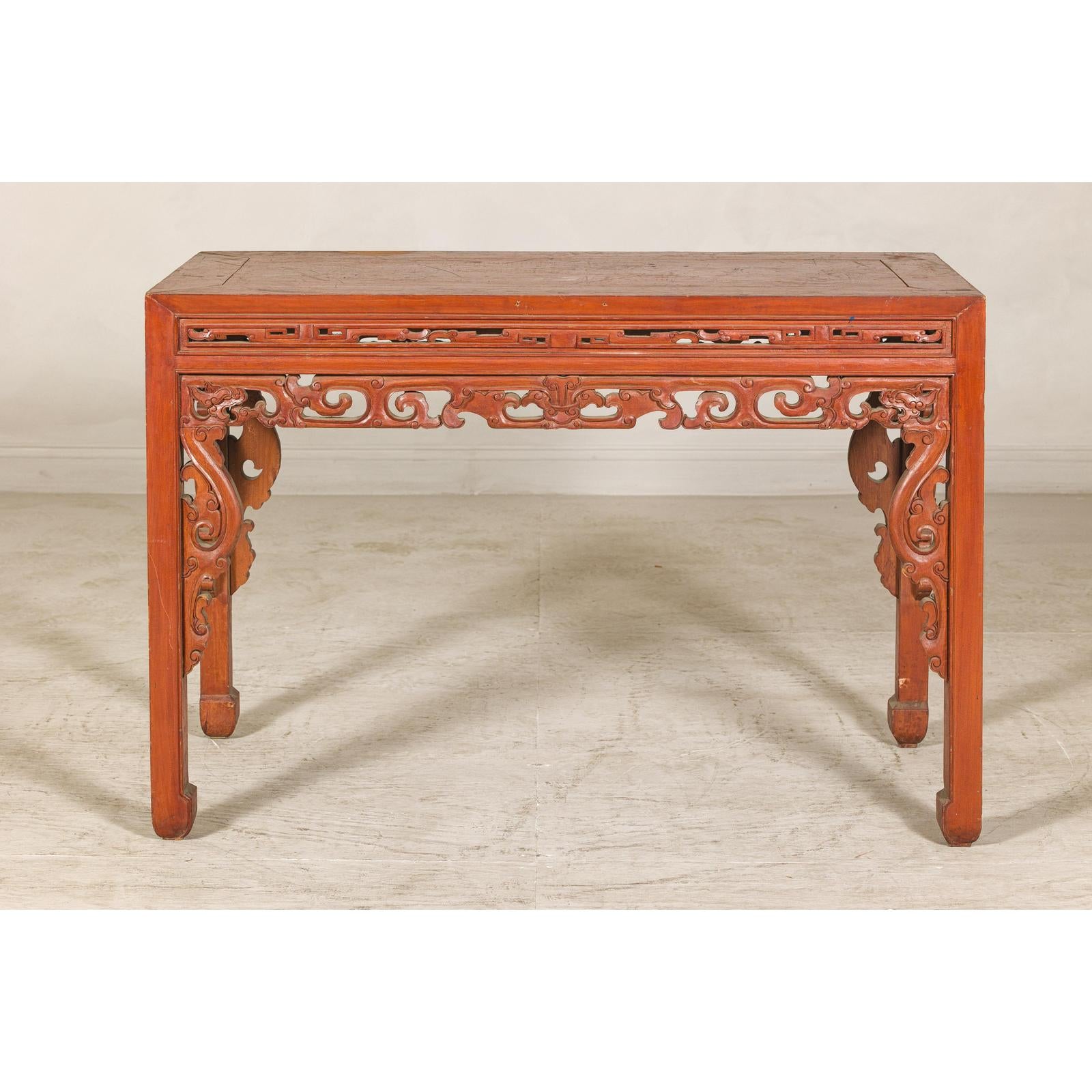 Console Table with Carved Waist in Jumu Wood, Late Qing Cinnabar Finish