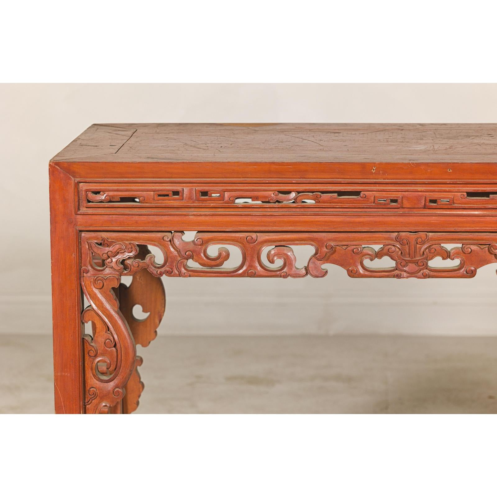 Console Table with Carved Waist in Jumu Wood, Late Qing Cinnabar Finish