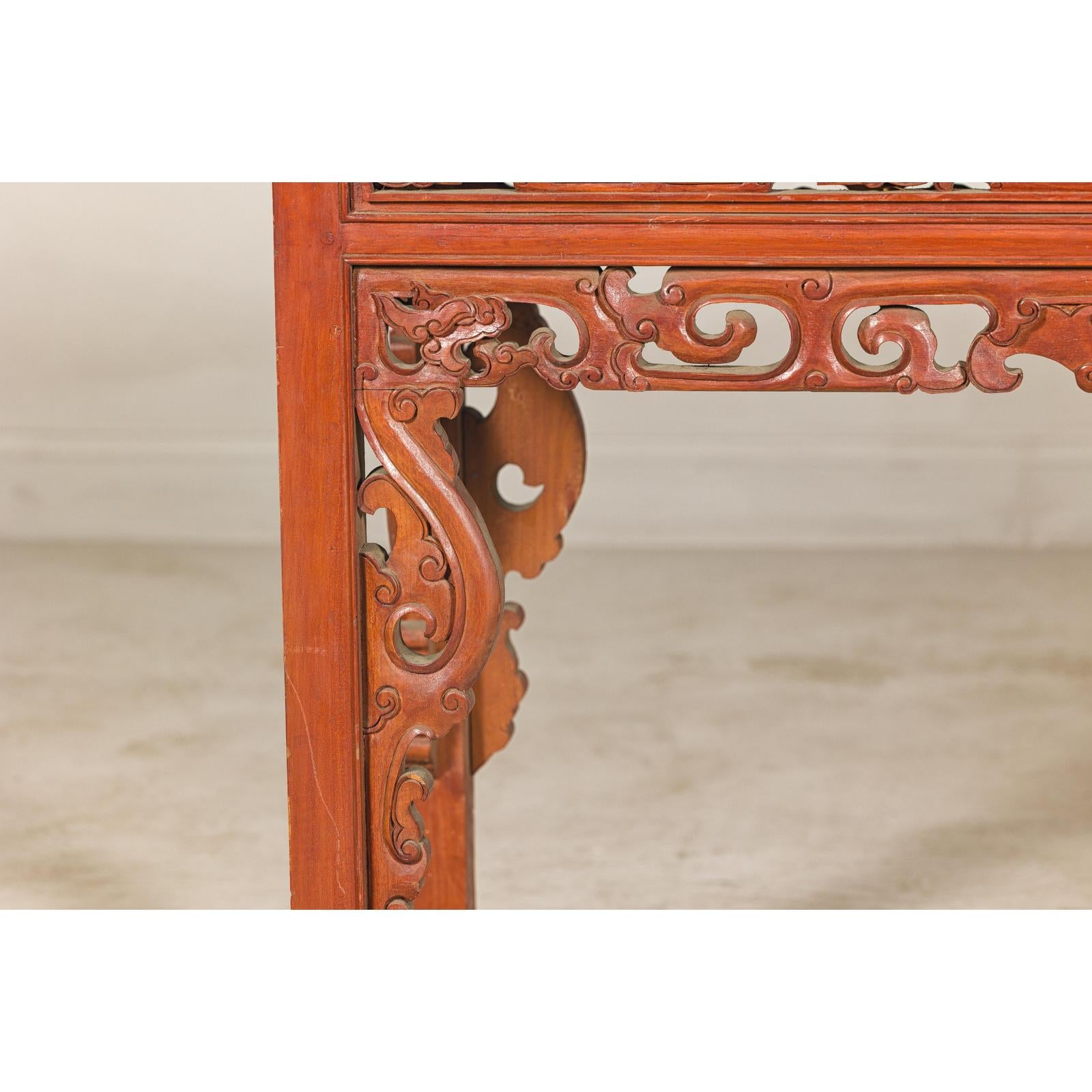 Console Table with Carved Waist in Jumu Wood, Late Qing Cinnabar Finish