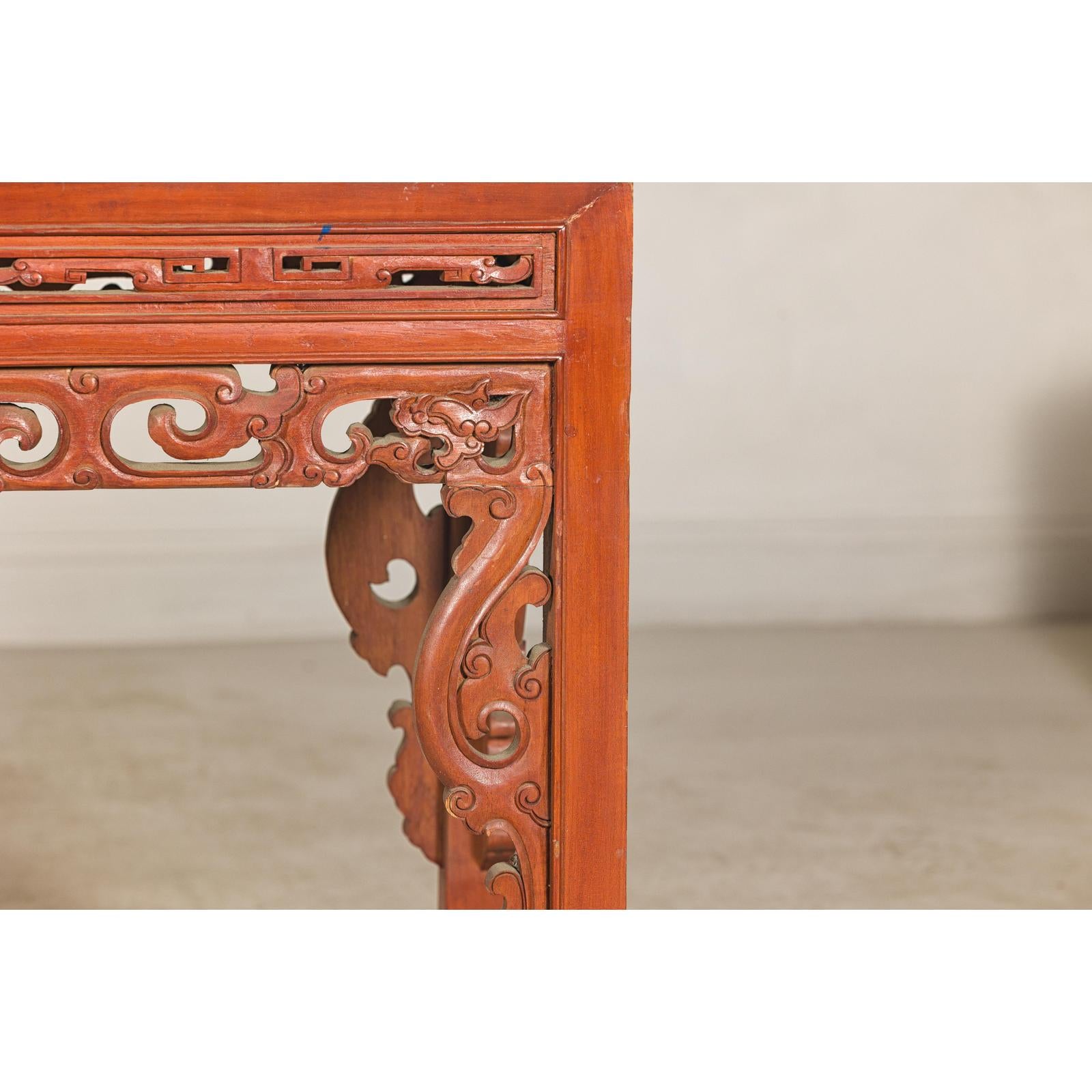 Console Table with Carved Waist in Jumu Wood, Late Qing Cinnabar Finish