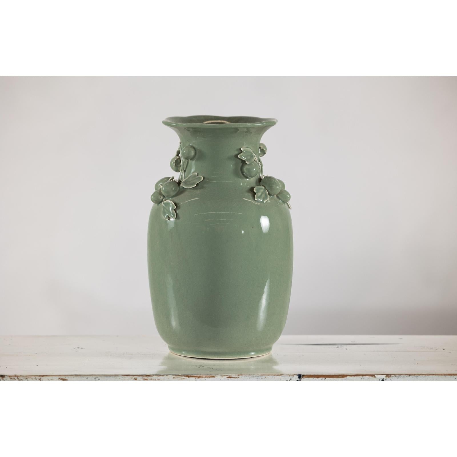 Celadon Green Glazed Ceramic Vase with Applied Fruit and Leaf Detail