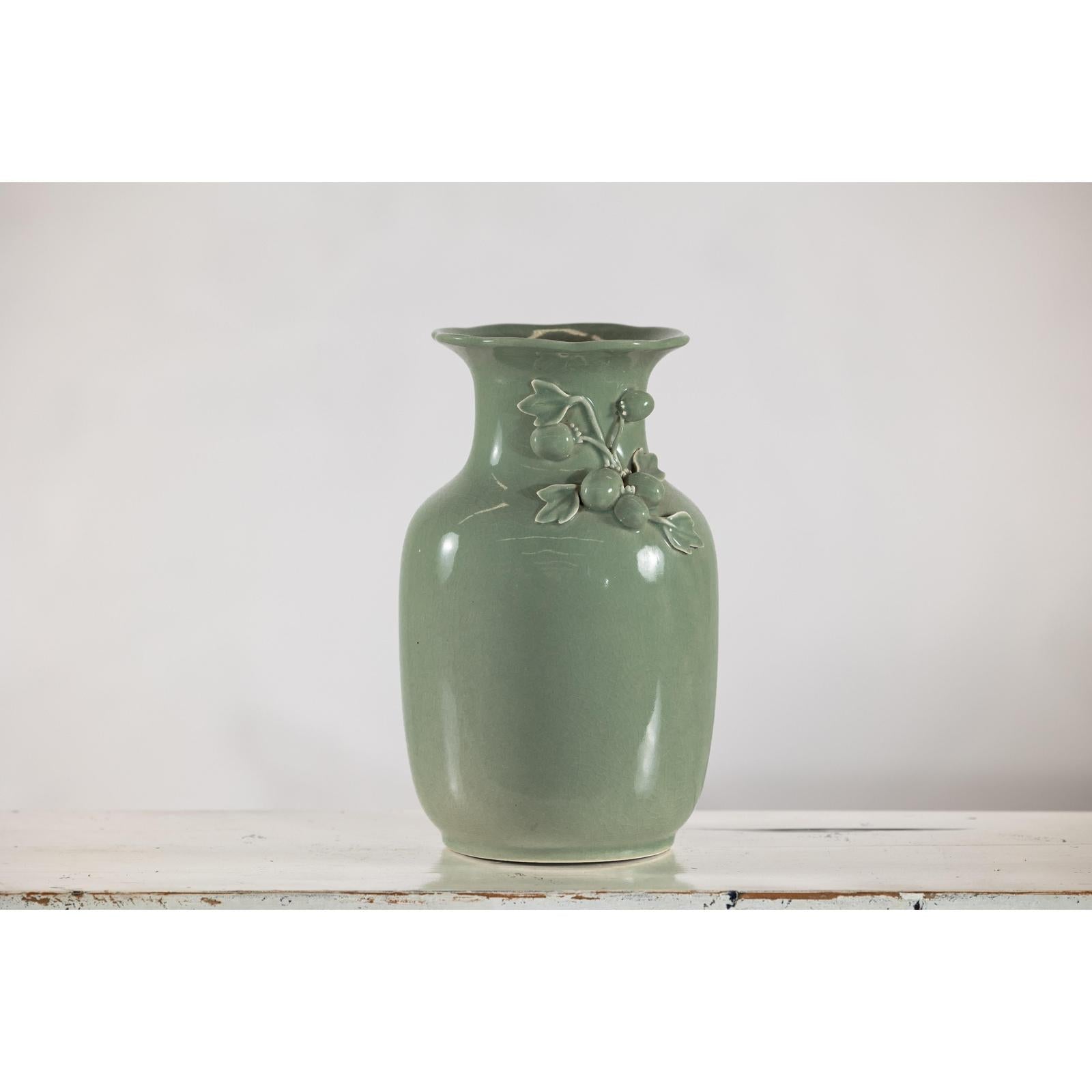 Celadon Green Glazed Ceramic Vase with Applied Fruit and Leaf Detail