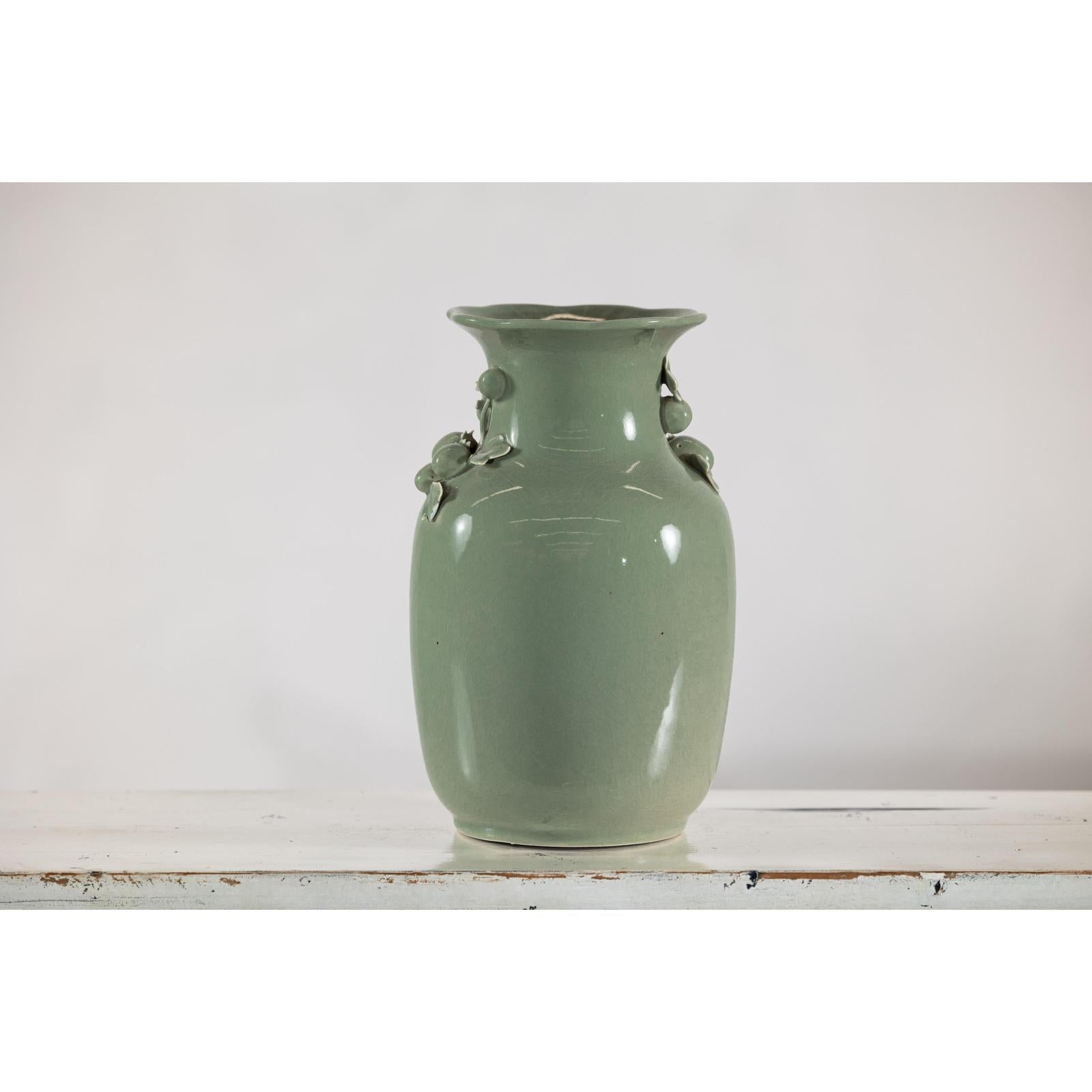 Celadon Green Glazed Ceramic Vase with Applied Fruit and Leaf Detail