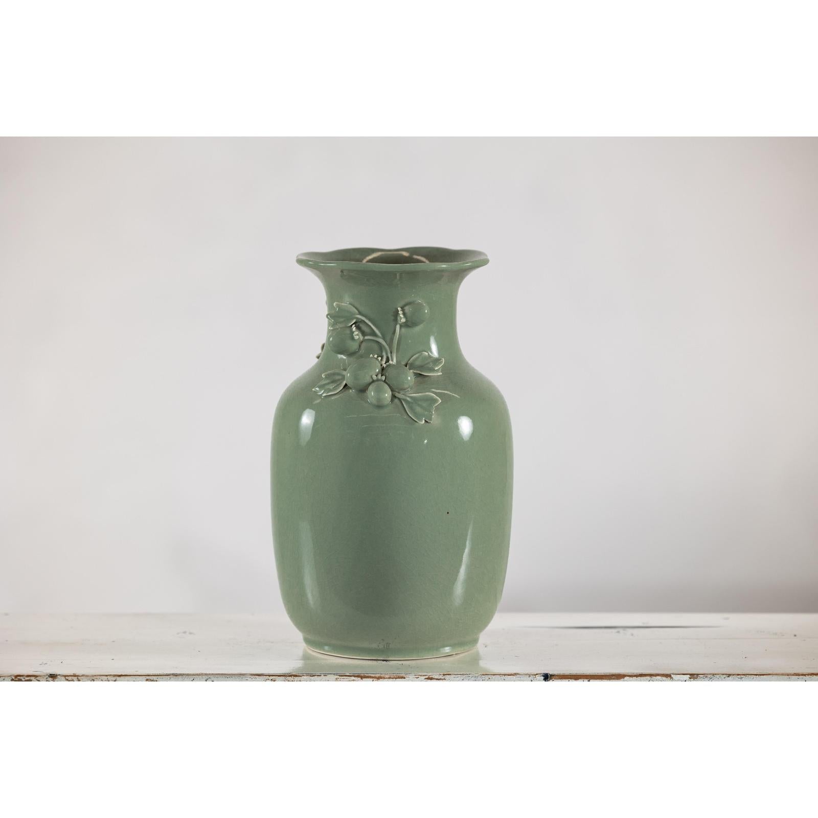 Celadon Green Glazed Ceramic Vase with Applied Fruit and Leaf Detail