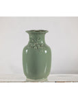 Celadon Green Glazed Ceramic Vase with Applied Fruit and Leaf Detail