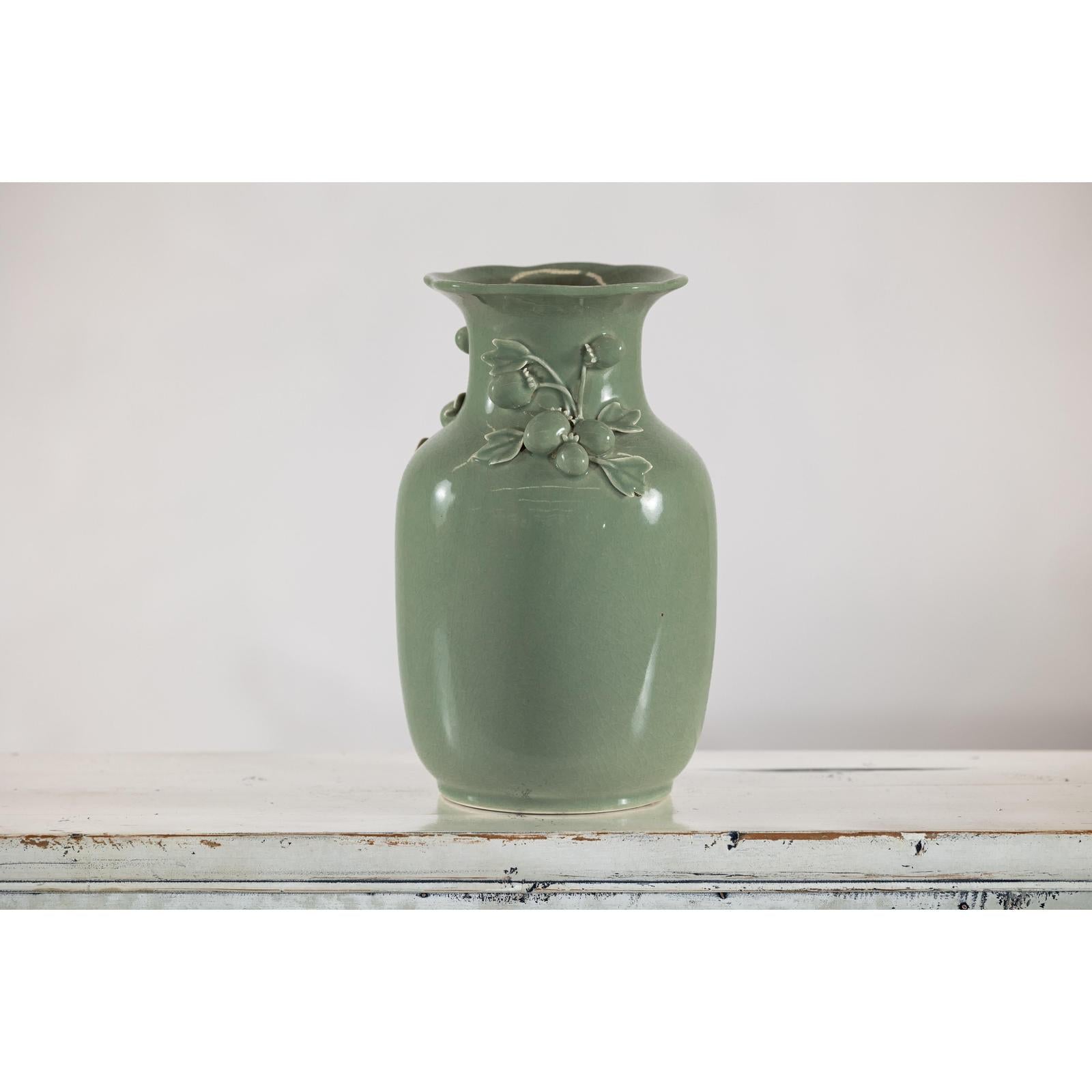 Celadon Green Glazed Ceramic Vase with Applied Fruit and Leaf Detail