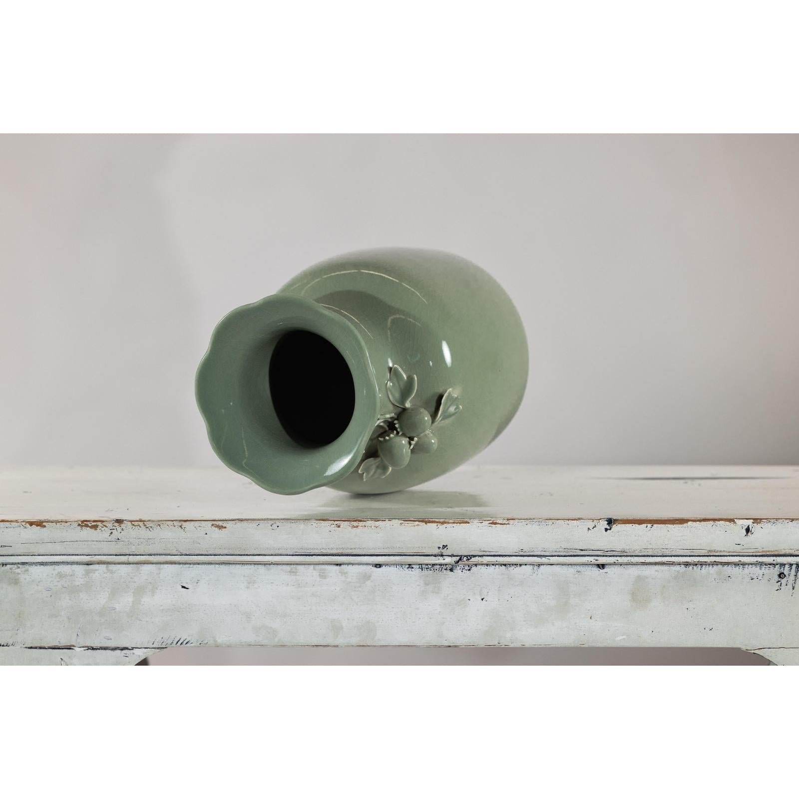 Celadon Green Glazed Ceramic Vase with Applied Fruit and Leaf Detail