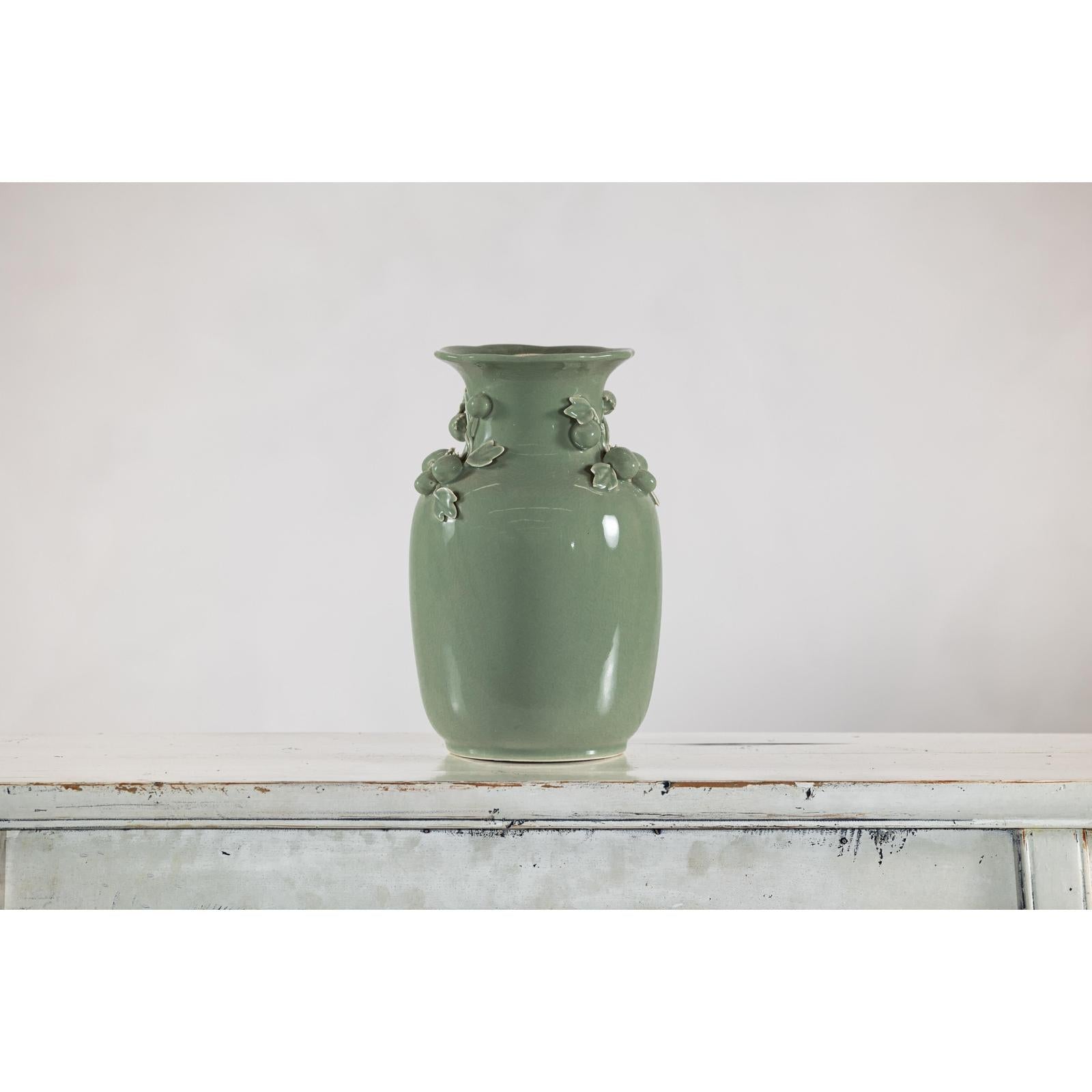 Celadon Green Glazed Ceramic Vase with Applied Fruit and Leaf Detail
