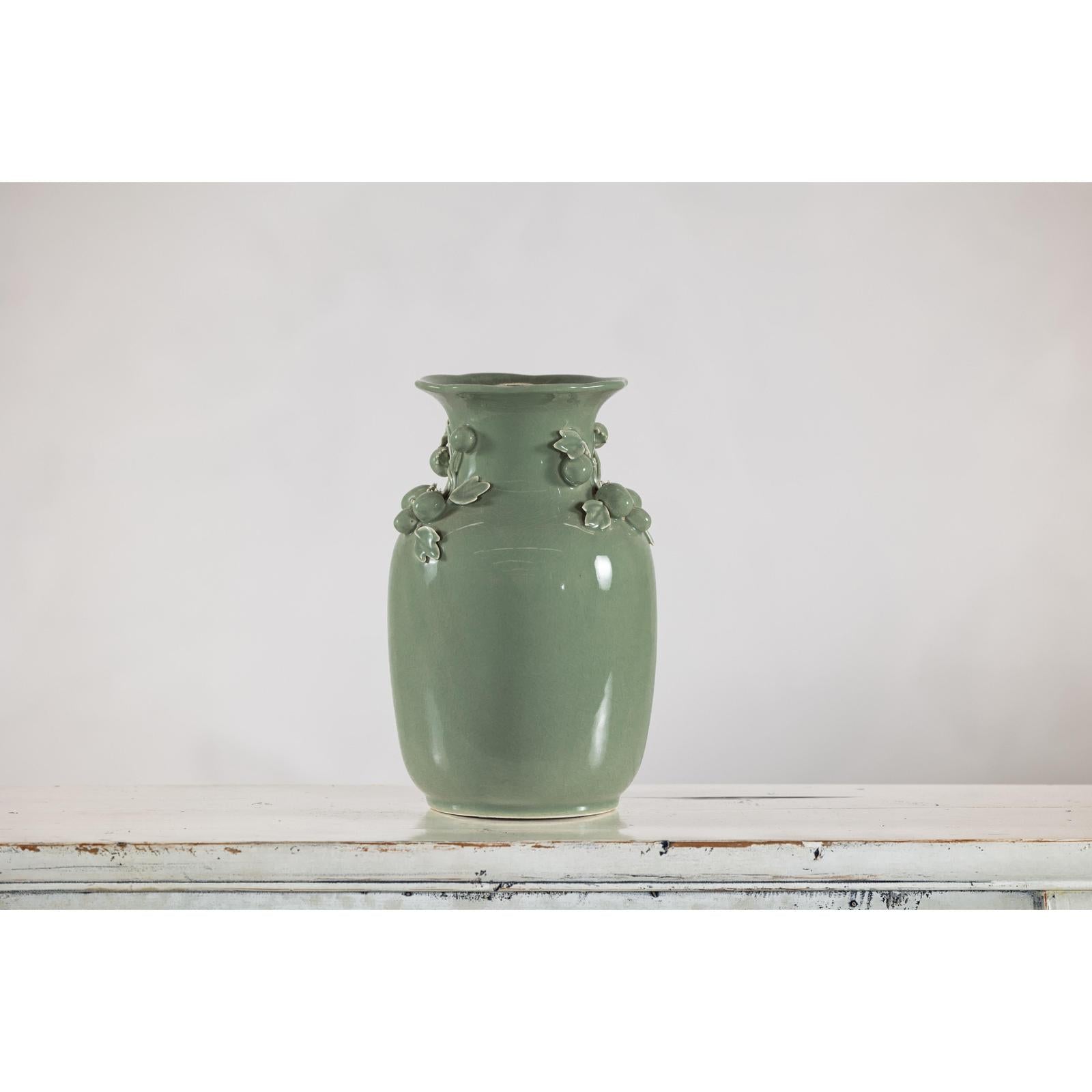 Celadon Green Glazed Ceramic Vase with Applied Fruit and Leaf Detail