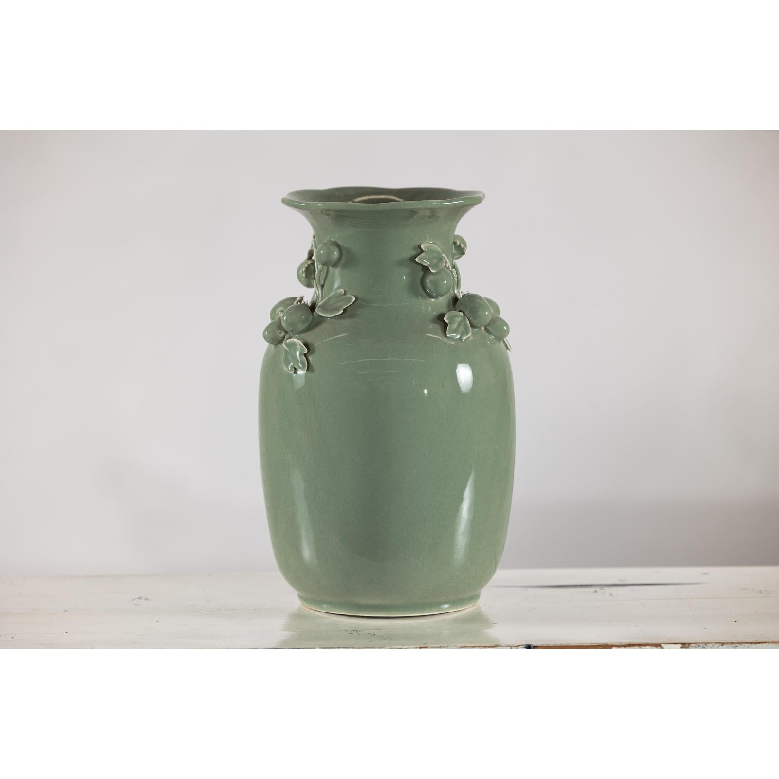 Celadon Green Glazed Ceramic Vase with Applied Fruit and Leaf Detail