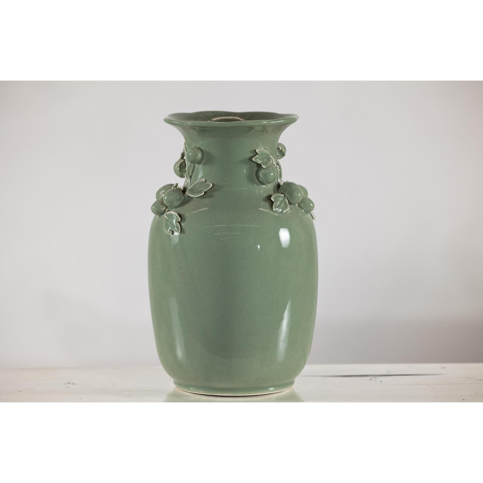 Celadon Green Glazed Ceramic Vase with Applied Fruit and Leaf Detail