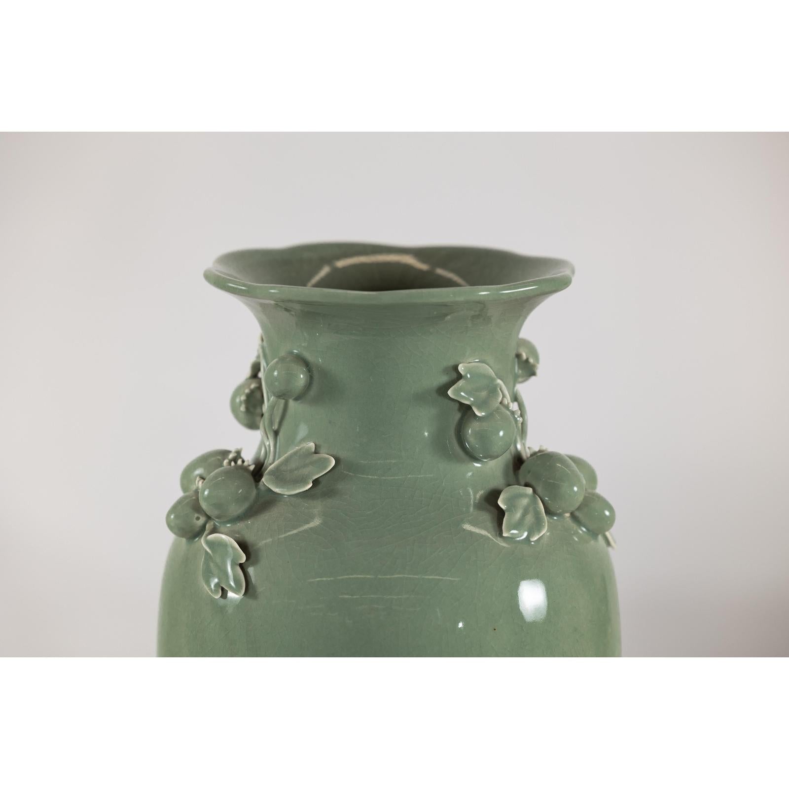 Celadon Green Glazed Ceramic Vase with Applied Fruit and Leaf Detail