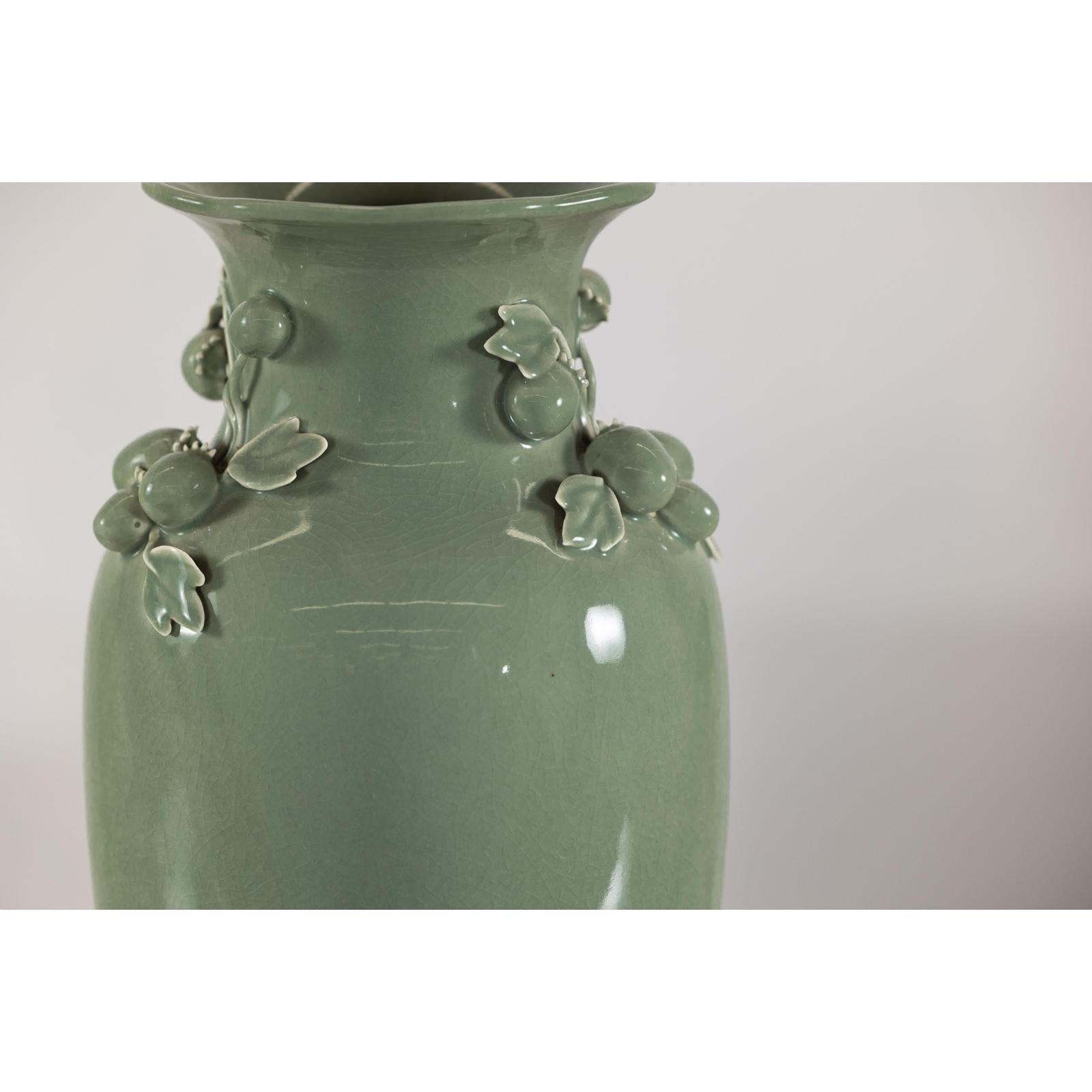 Celadon Green Glazed Ceramic Vase with Applied Fruit and Leaf Detail