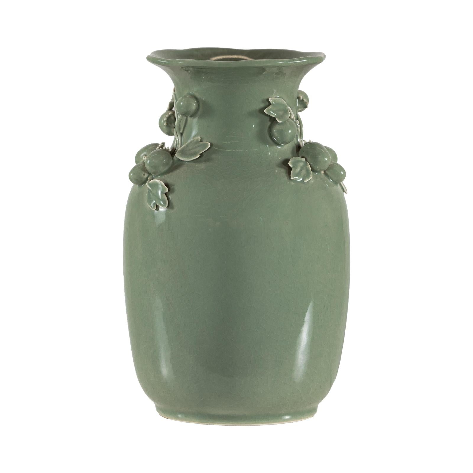 Celadon Green Glazed Ceramic Vase with Applied Fruit and Leaf Detail