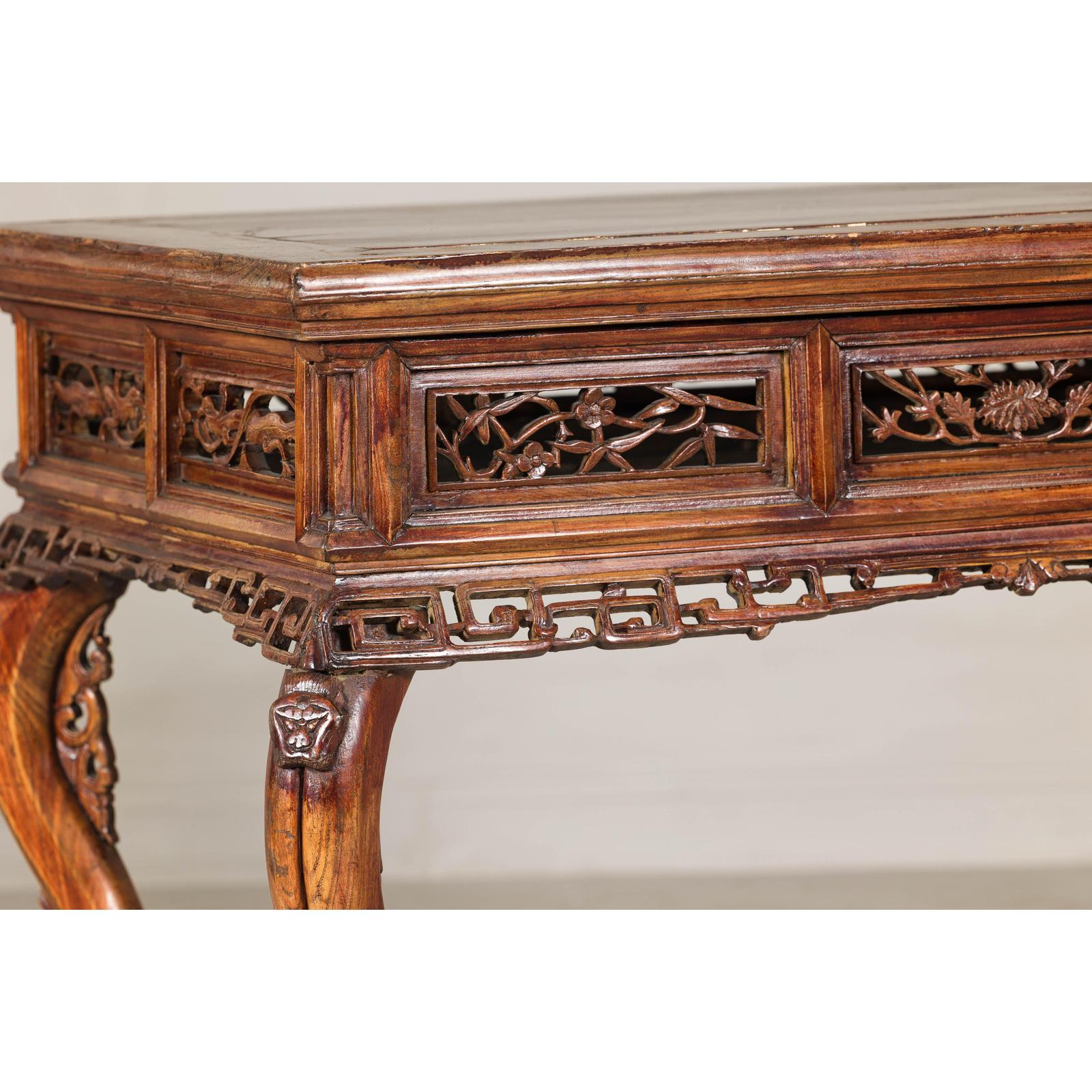 Late Qing Dynasty Hardwood Hall Table with Dragon Carvings and Lacquer Patina