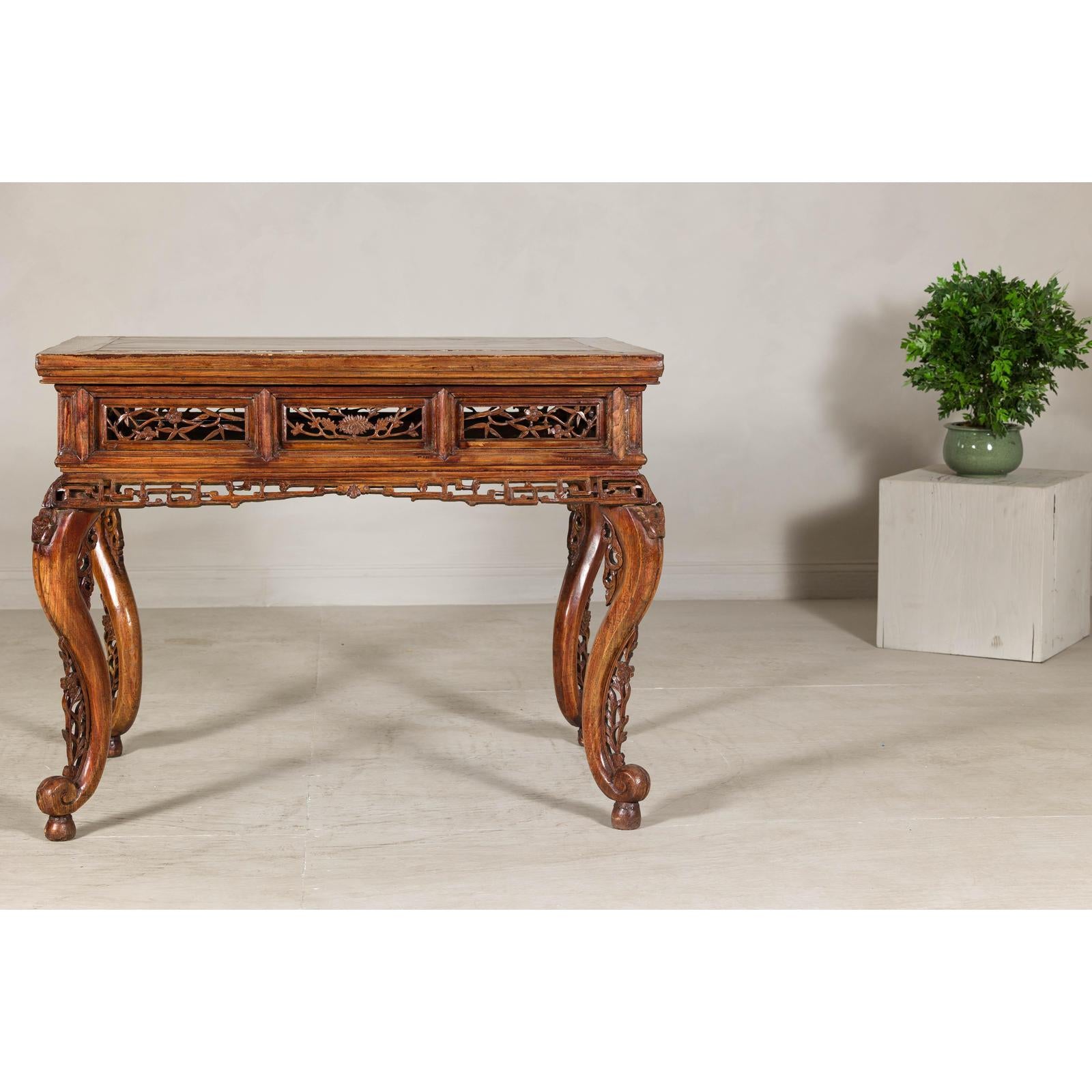 Late Qing Dynasty Hardwood Hall Table with Dragon Carvings and Lacquer Patina