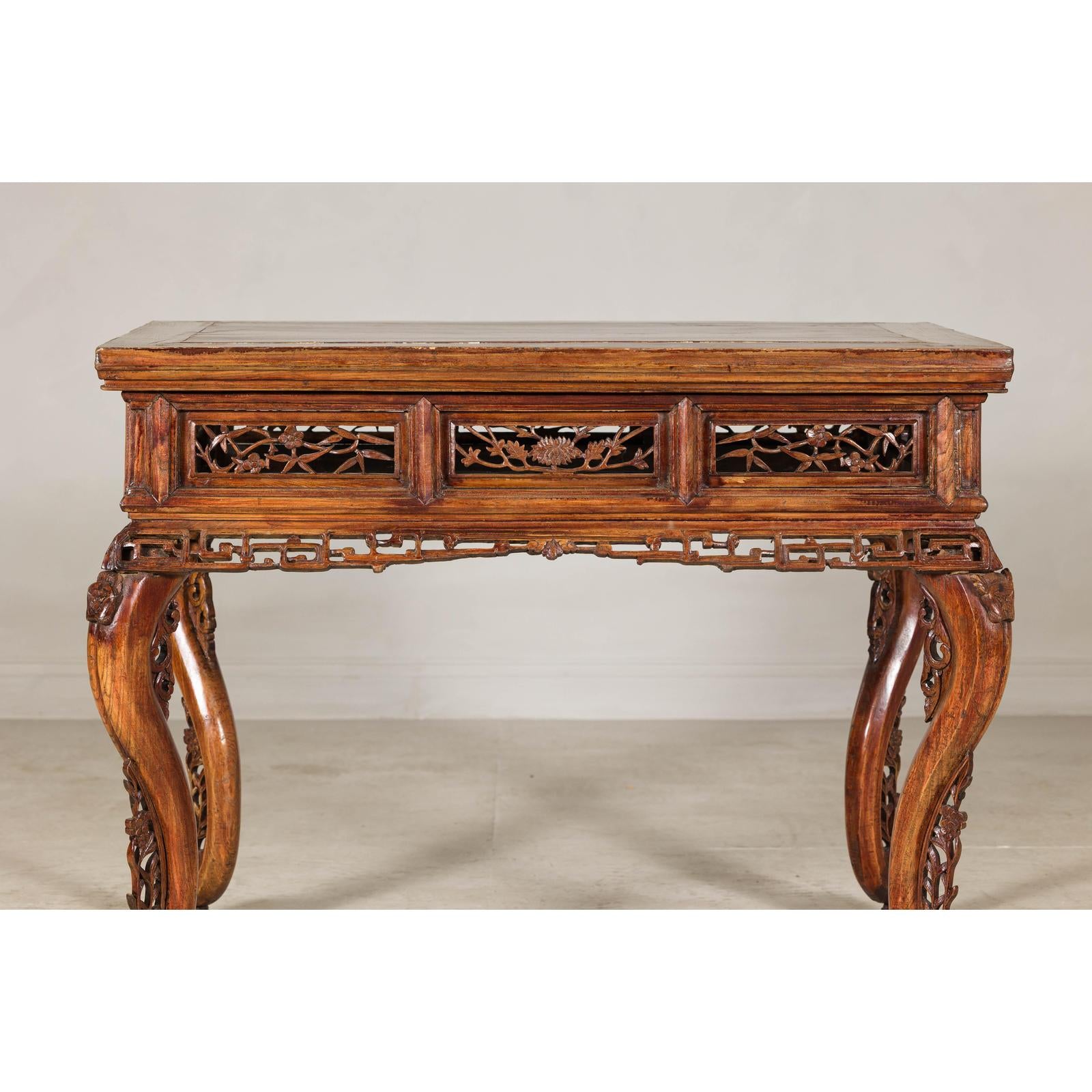 Late Qing Dynasty Hardwood Hall Table with Dragon Carvings and Lacquer Patina