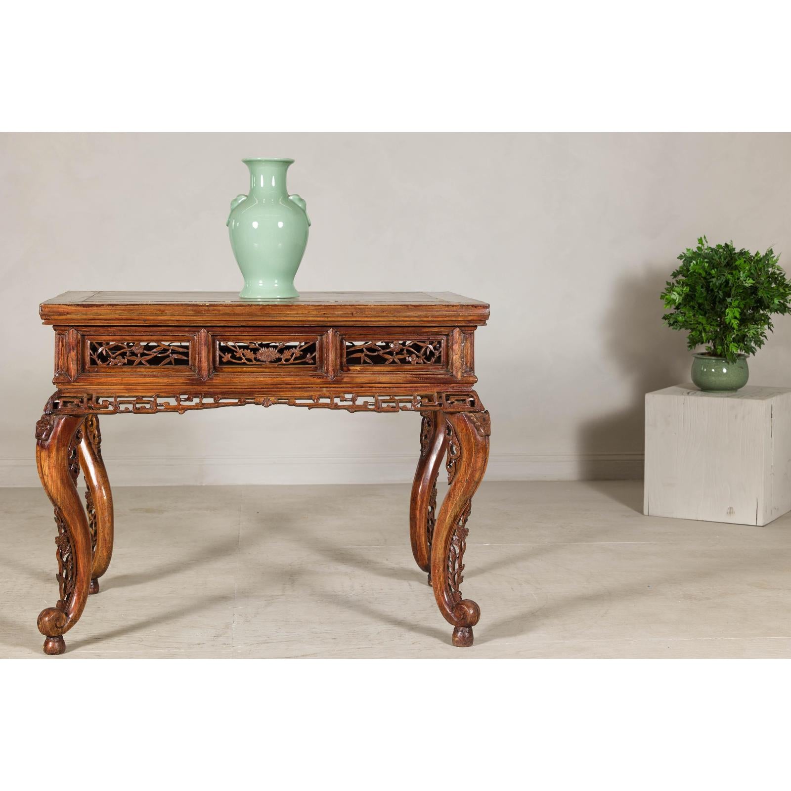 Late Qing Dynasty Hardwood Hall Table with Dragon Carvings and Lacquer Patina