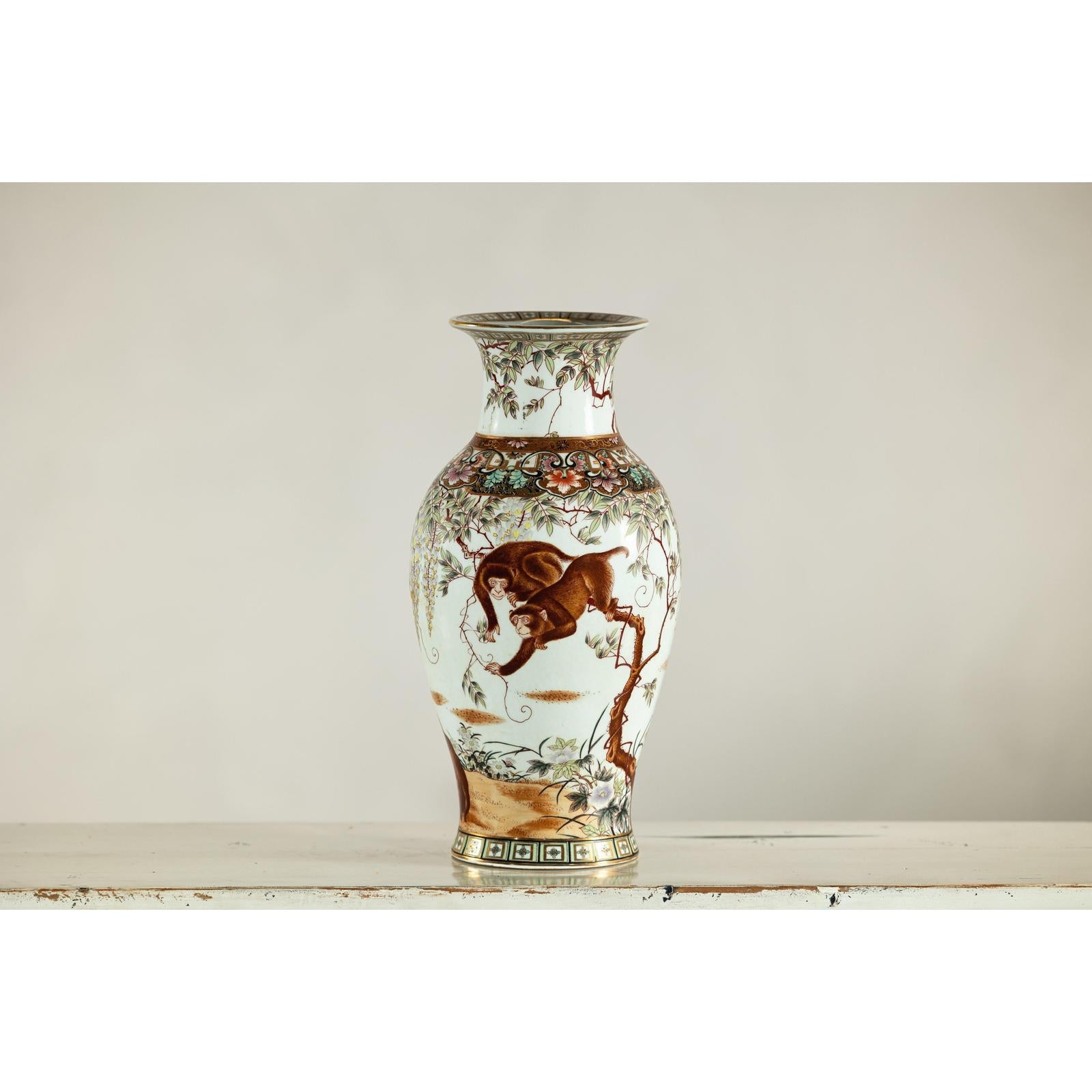 Porcelain Baluster Shaped Vase with Hand-Painted Monkeys and Floral Motifs