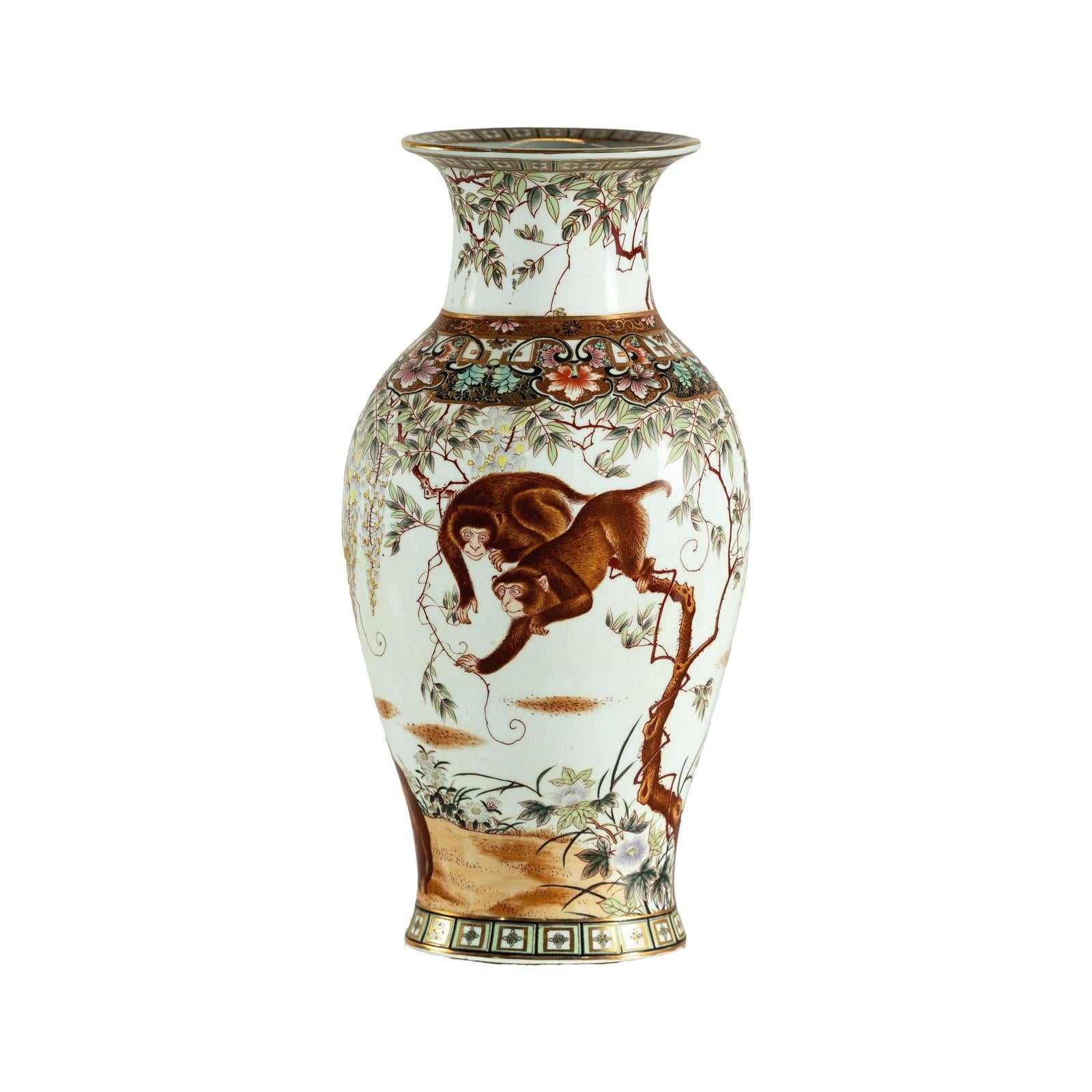 Porcelain Baluster Shaped Vase with Hand-Painted Monkeys and Floral Motifs