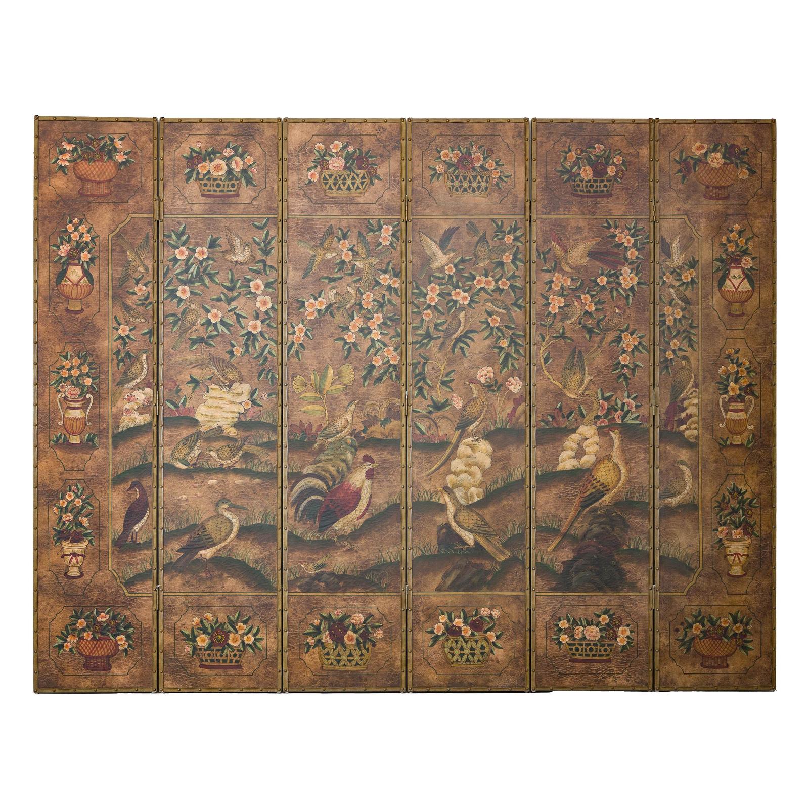 Vintage Six-Panel Leather Screen with Birds, Flowers, and Roosters