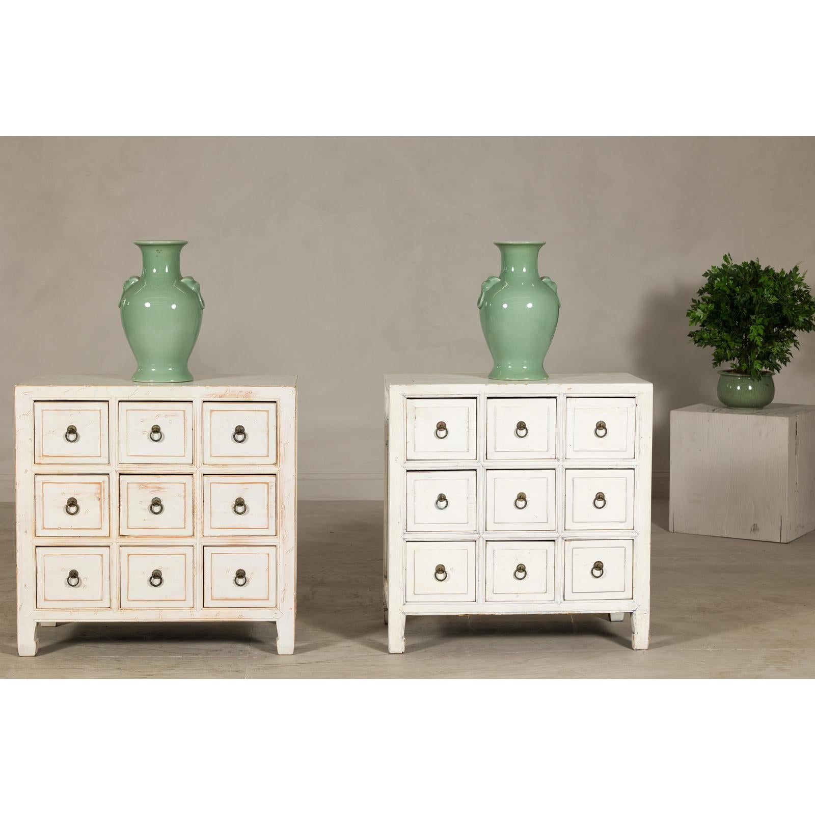 Vintage Distressed White Lacquer Apothecary Chests – Near Pair with Nine Drawers