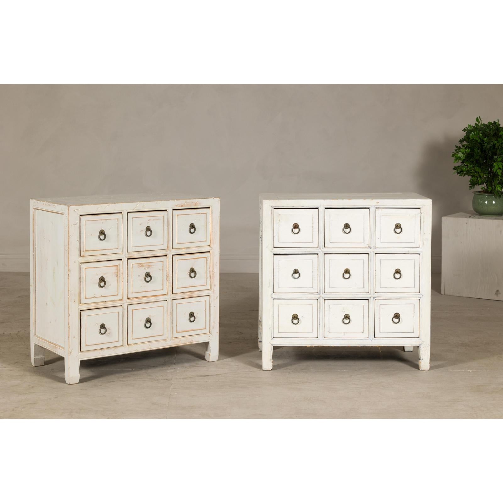 Vintage Distressed White Lacquer Apothecary Chests – Near Pair with Nine Drawers