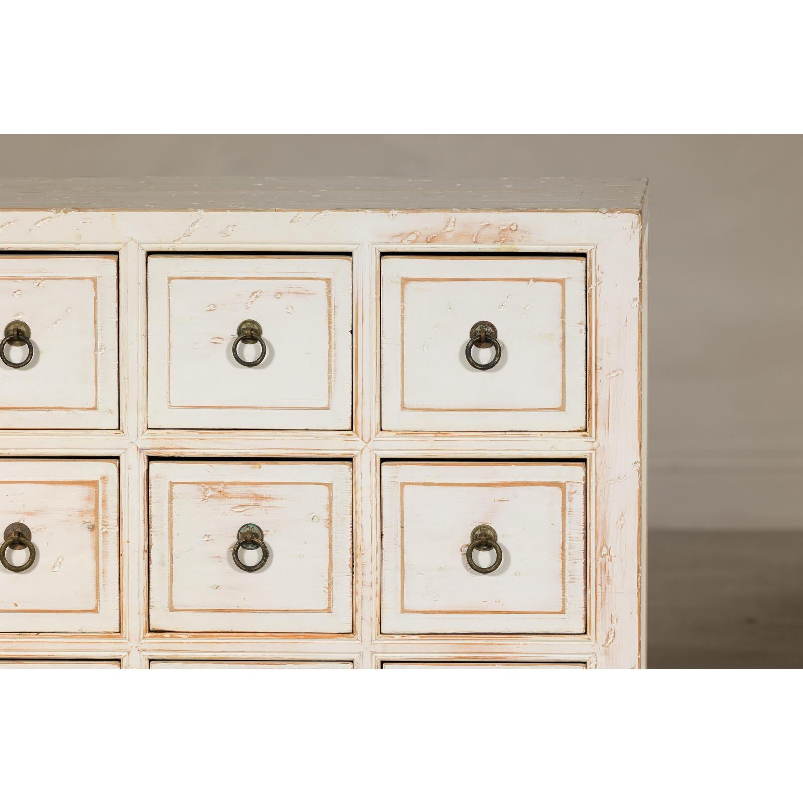 Vintage Distressed White Lacquer Apothecary Chests – Near Pair with Nine Drawers