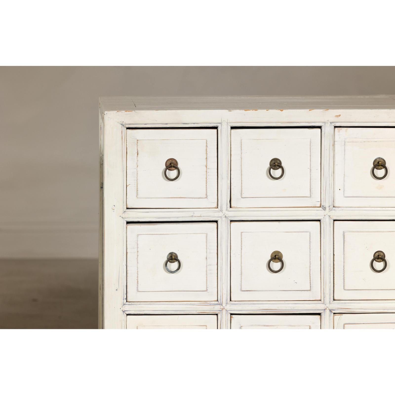 Vintage Distressed White Lacquer Apothecary Chests – Near Pair with Nine Drawers