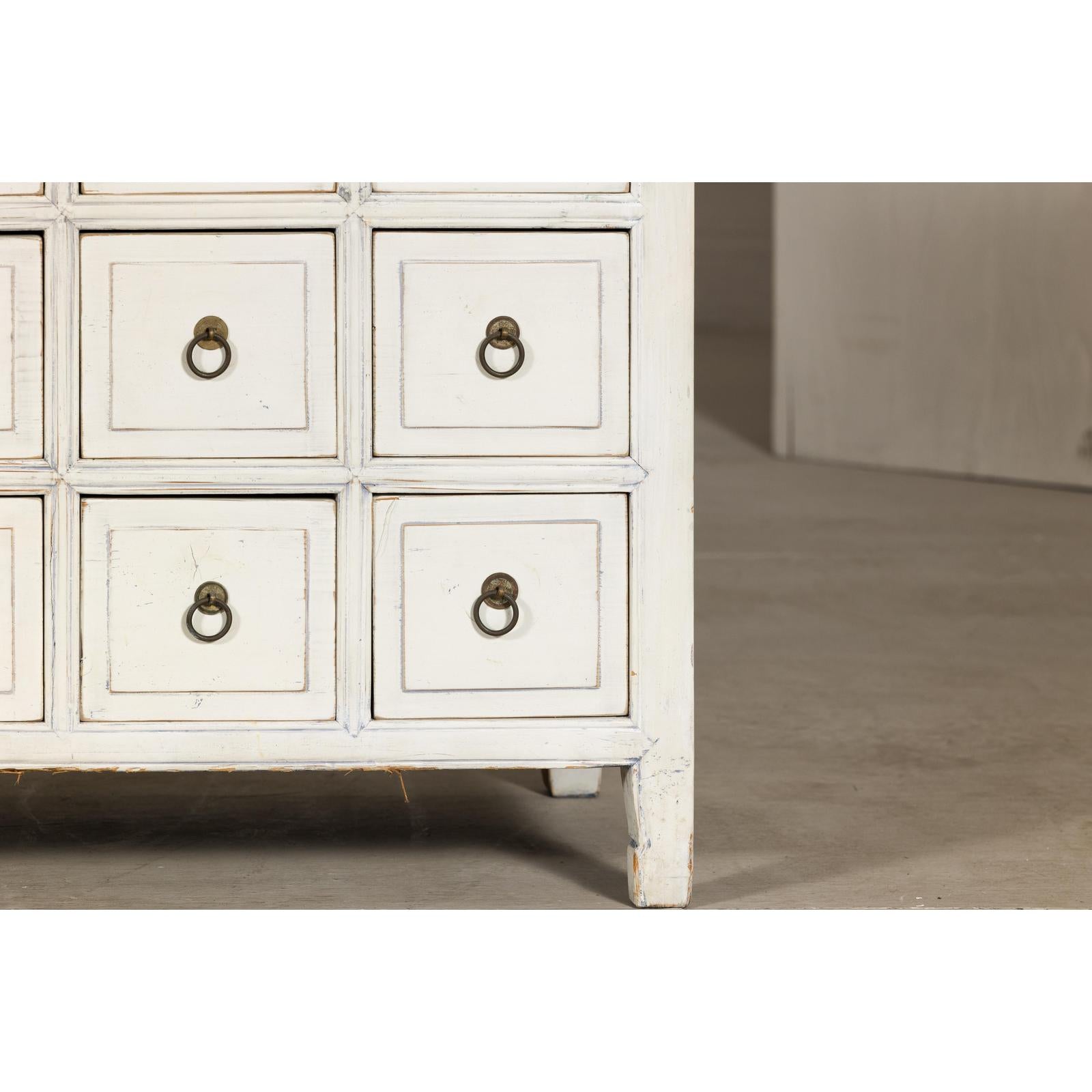 Vintage Distressed White Lacquer Apothecary Chests – Near Pair with Nine Drawers