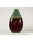 Green and Brown Glazed Ceramic Vase with Drip Effect and Rounded Silhouette