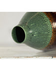 Green and Brown Glazed Ceramic Vase with Drip Effect and Rounded Silhouette