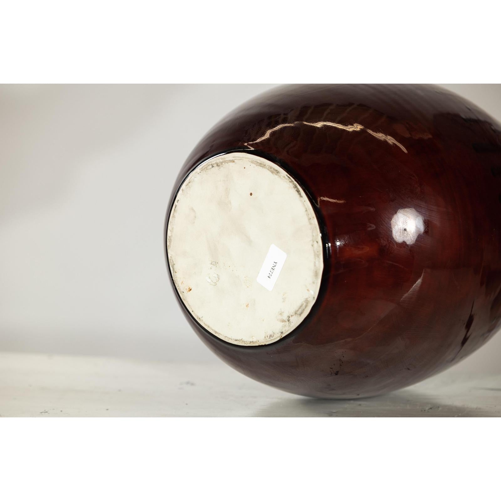 Green and Brown Glazed Ceramic Vase with Drip Effect and Rounded Silhouette