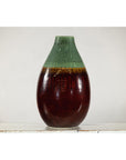 Green and Brown Glazed Ceramic Vase with Drip Effect and Rounded Silhouette