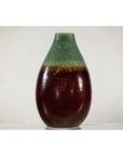 Green and Brown Glazed Ceramic Vase with Drip Effect and Rounded Silhouette