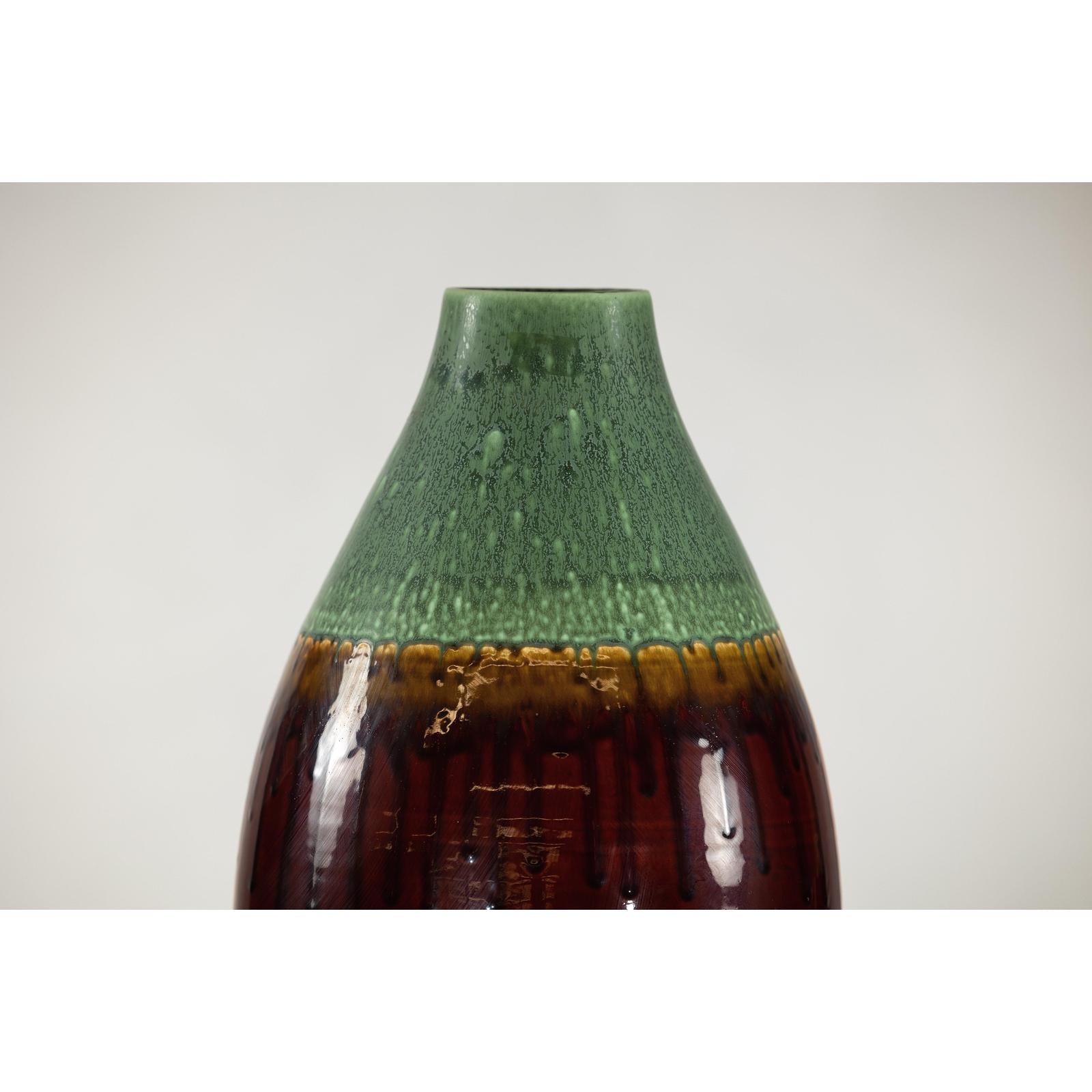 Green and Brown Glazed Ceramic Vase with Drip Effect and Rounded Silhouette