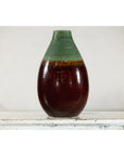 Green and Brown Glazed Ceramic Vase with Drip Effect and Rounded Silhouette